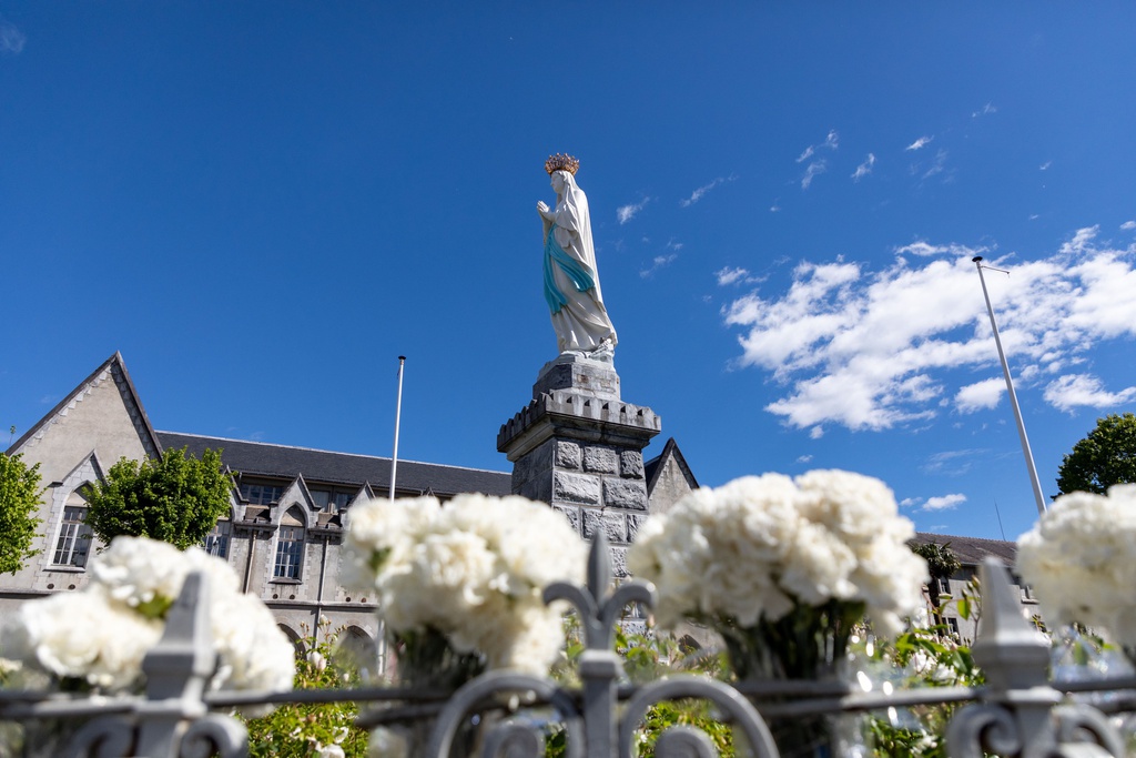 Offrir une fleur blanche à Notre-Dame de Lourdes